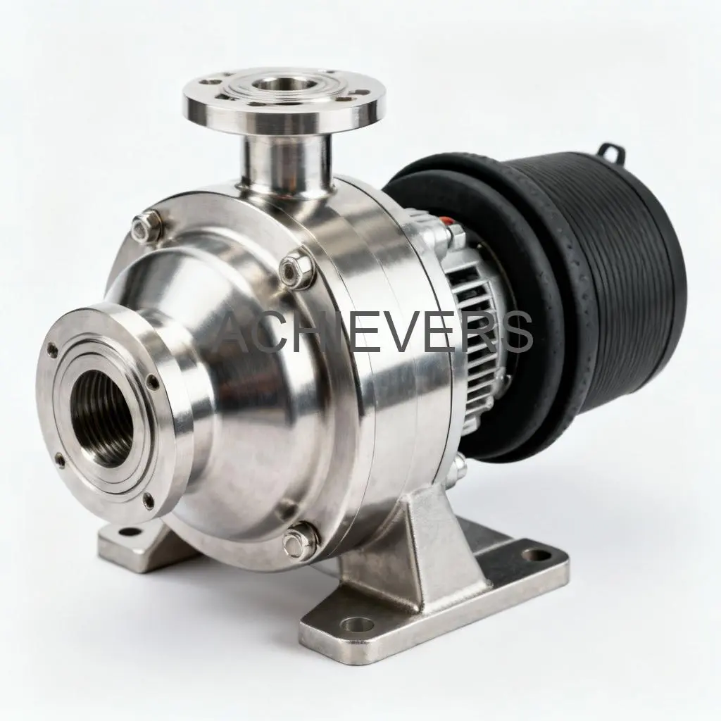 Close-up of SS Pumps installed in a chemical processing skid highlighting the stainless steel casing and flange connections