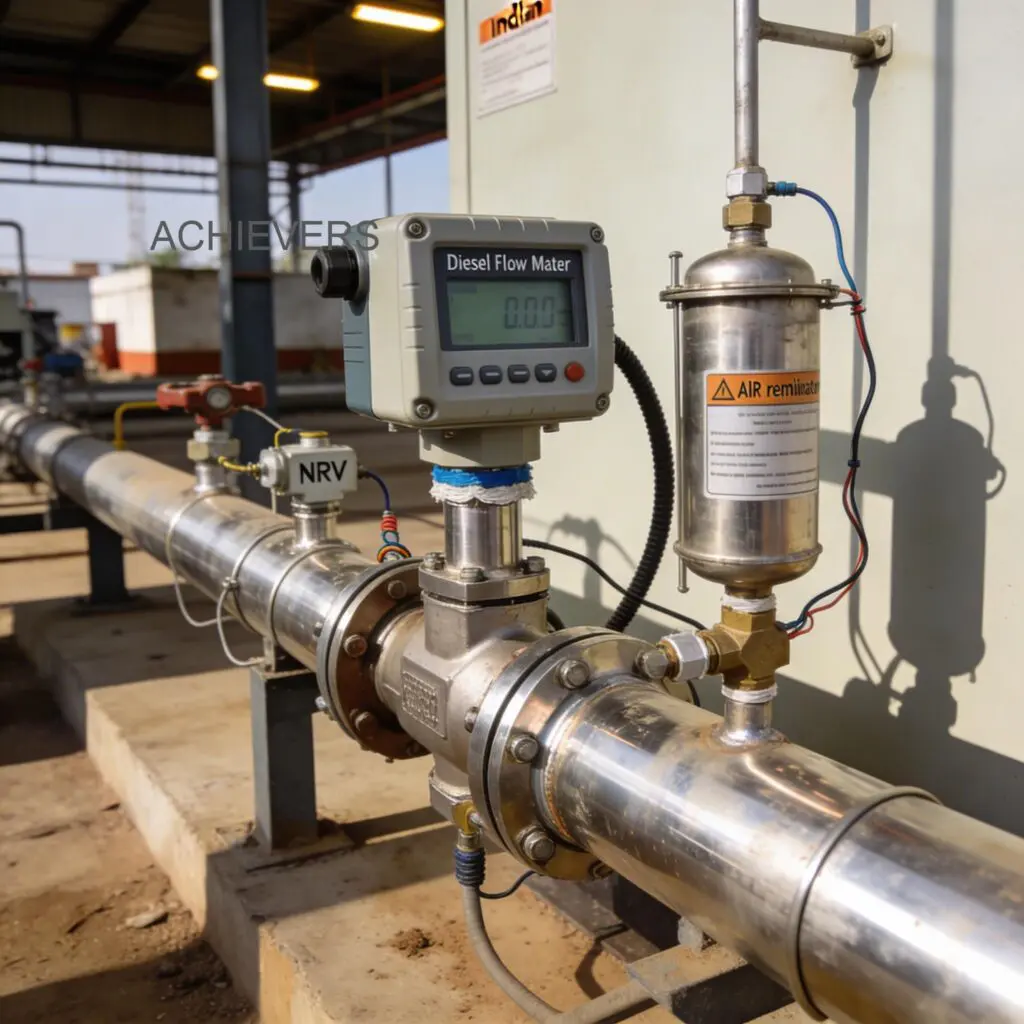 Engineer inspecting a Diesel Flow Meter installation on a bulk unloading line in an Indian industrial facility