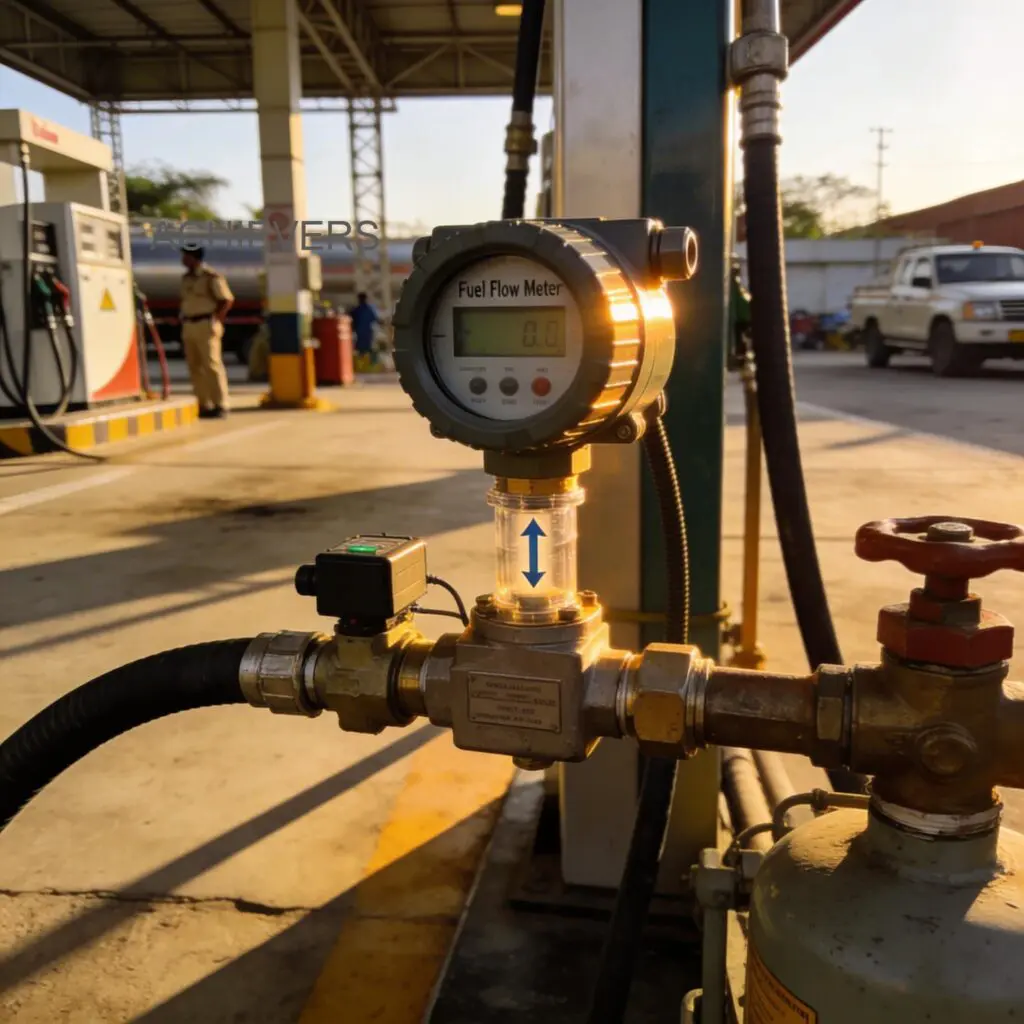 Technician performing a volumetric calibration test on a Fuel Flow Meter using a certified proving can at a fleet site