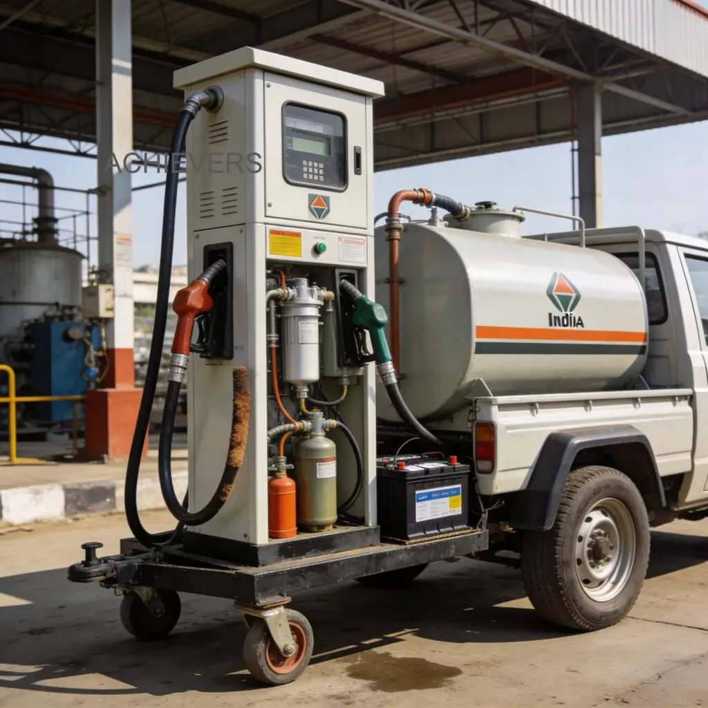 Technician performing maintenance on a Mobile Fuel Dispenser mounted on a pickup truck at an Indian construction site