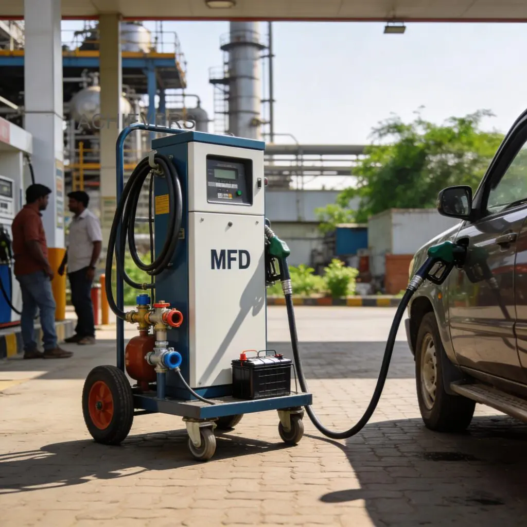 Mobile Fuel Dispenser mounted on a diesel bowser refueling an excavator at a remote construction site in India