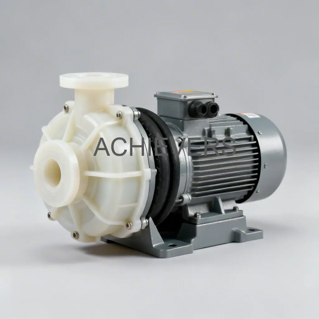 Close-up of PP Pumps installed in a chemical transfer skid showing the molded casing and discharge flange