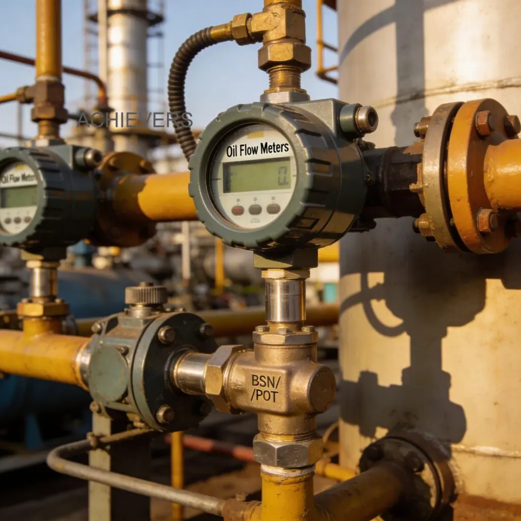 Technician inspecting Oil Flow Meters installed on a hydraulic oil lubrication skid in an Indian manufacturing plant