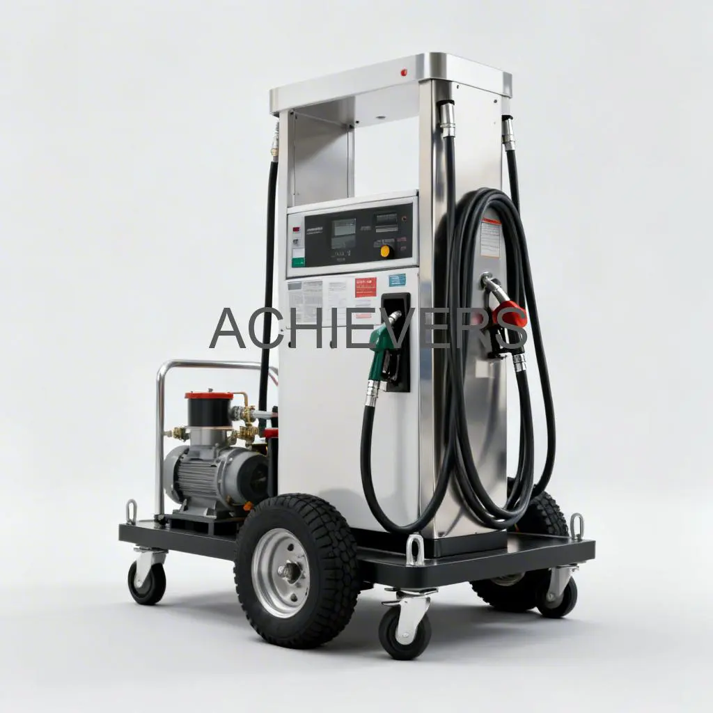 Close-up of Mobile Fuel Dispenser installed on a diesel dispensing skid showing flow meter and nozzle assembly