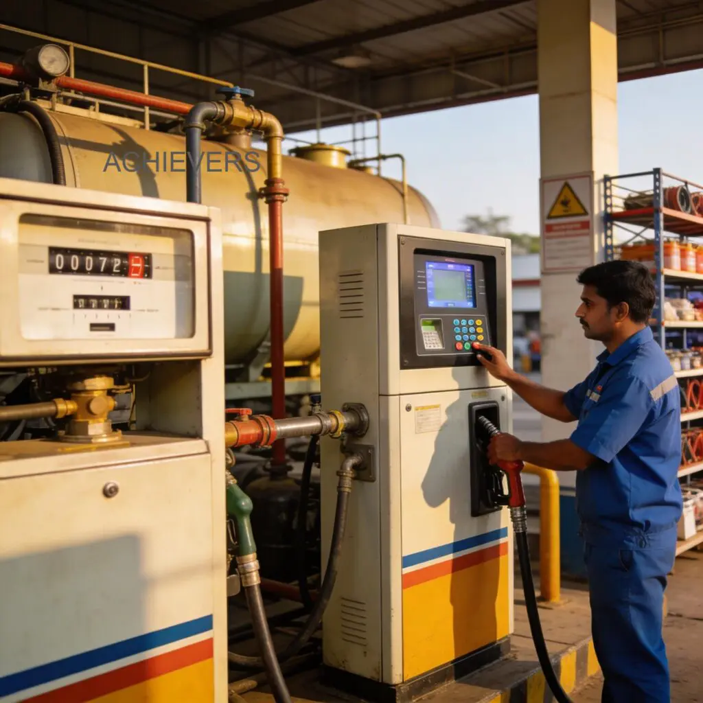 Logistics operator entering fuel volume into a digital Diesel Dispenser keypad at a transport hub