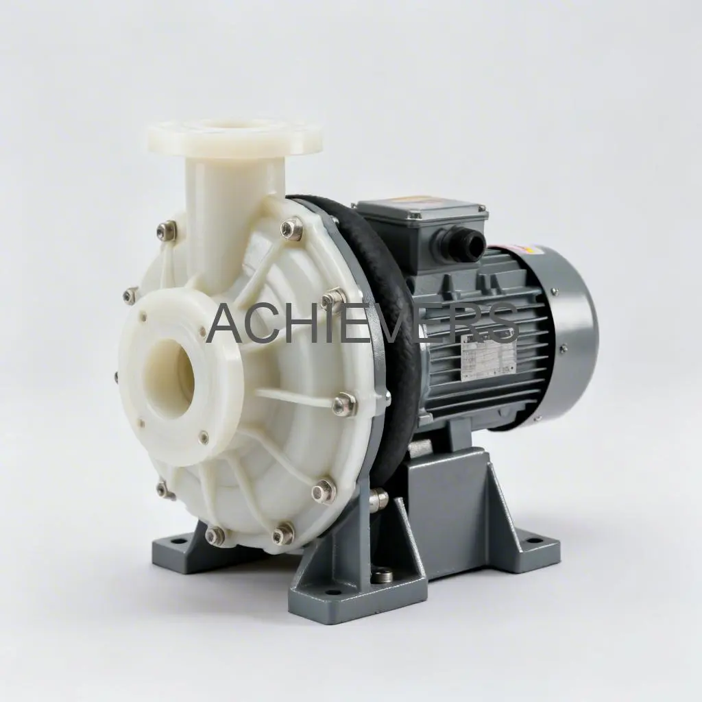 Close-up of PP Pumps installed on an industrial baseplate showing the heavy-duty polypropylene casing, flanged connections, and TEFC motor assembly