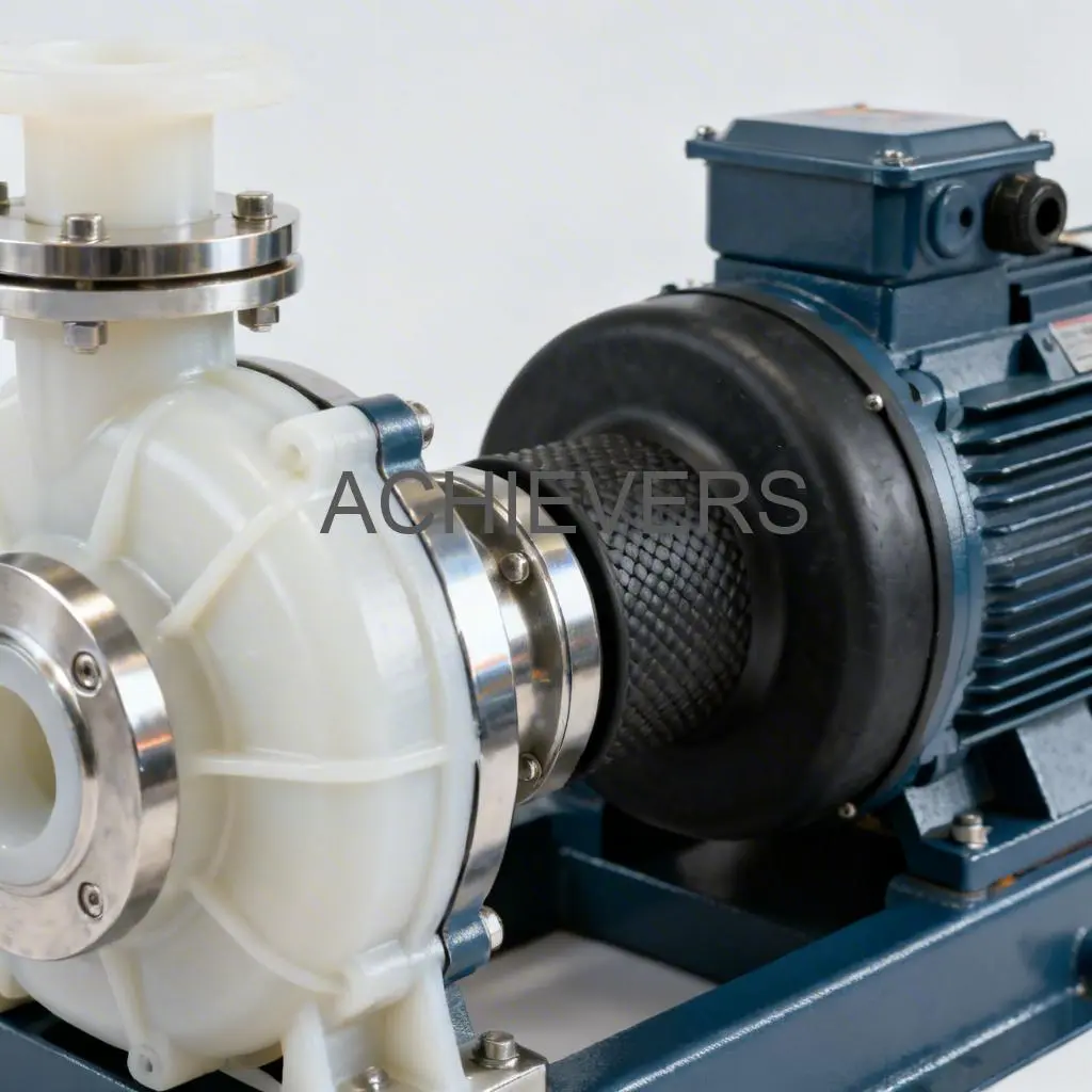 Close-up of PP Pumps installed on an industrial chemical transfer skid showing the solid polypropylene casing and mechanical seal assembly