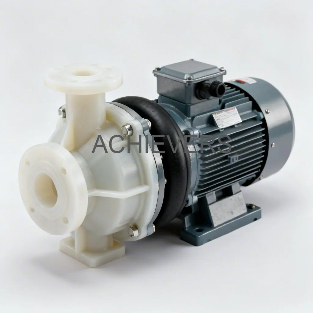 Close-up of PP Pumps installed on an industrial skid showing the solid polypropylene casing, flanged connections, and mechanical seal assembly