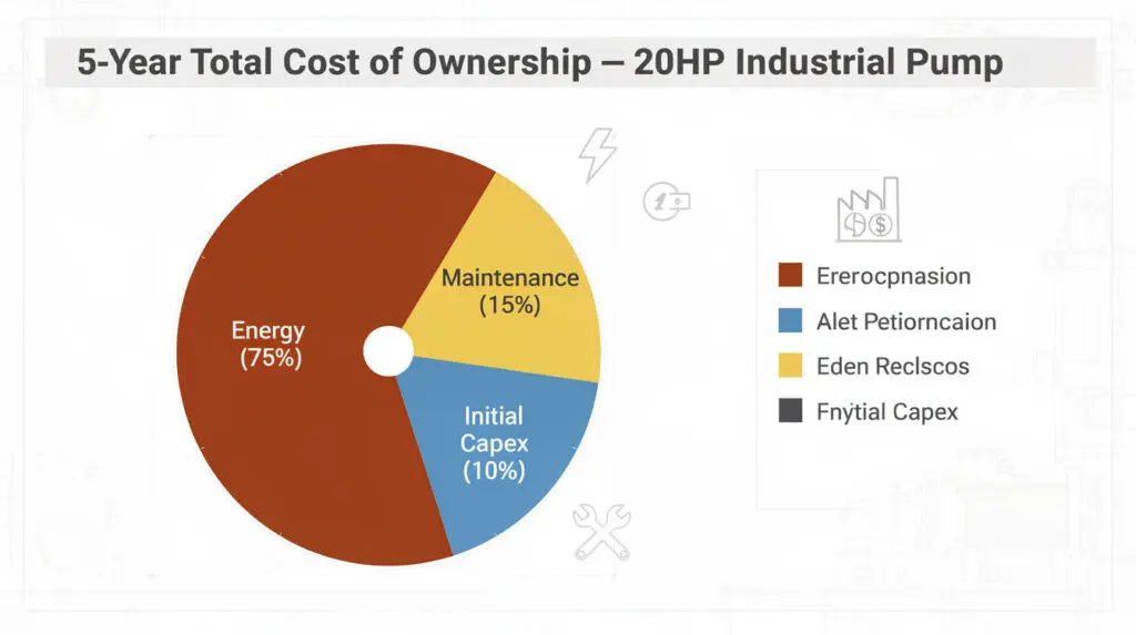5-year Total Cost of Ownership TCO pie chart for industrial SS pumps showing energy, maintenance, and initial cost