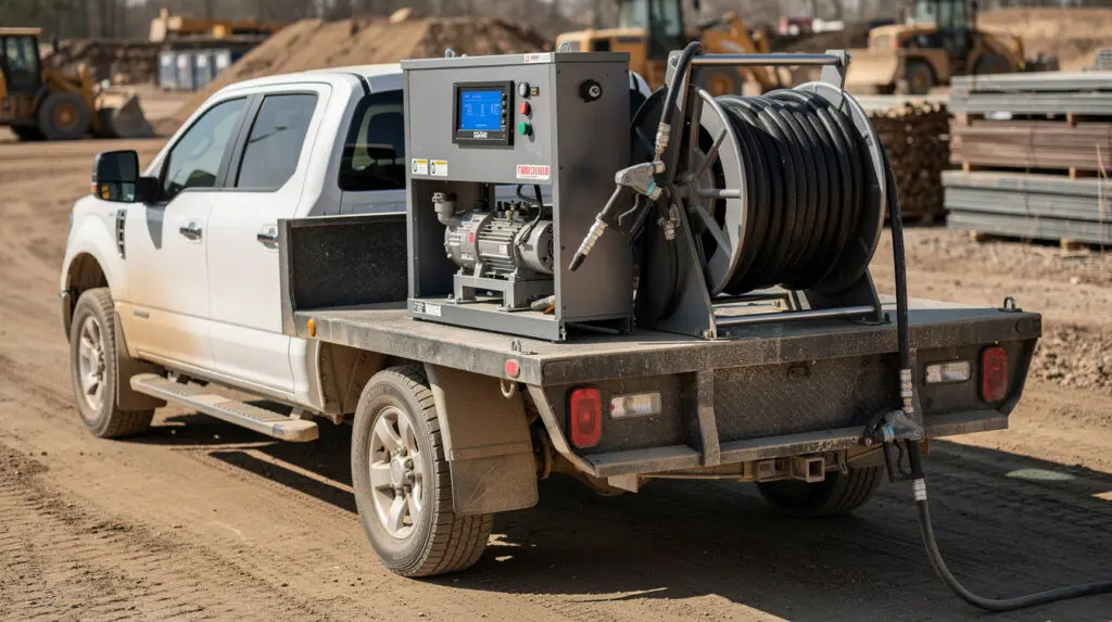 CE-206 digital mobile fuel dispenser mounted on a rugged service truck bed at an active construction site