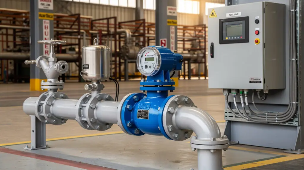 Correct installation of fuel flow meter with upstream Y-strainer and air eliminator