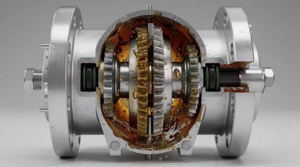 Cross-section of positive displacement oval gear fuel flow meter mechanism