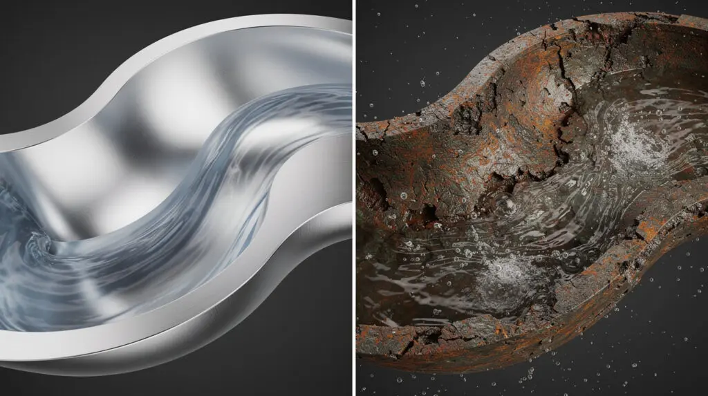 Cross section showing smooth internal surface of SS pump versus pitted surface of cast iron pump