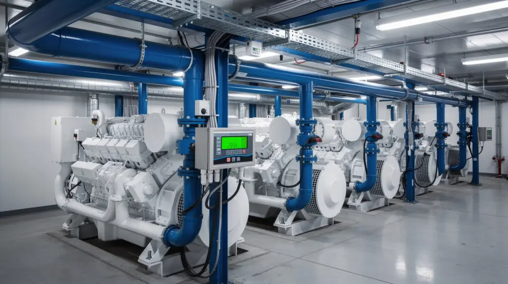 Data center backup generator room with integrated fuel flow meters