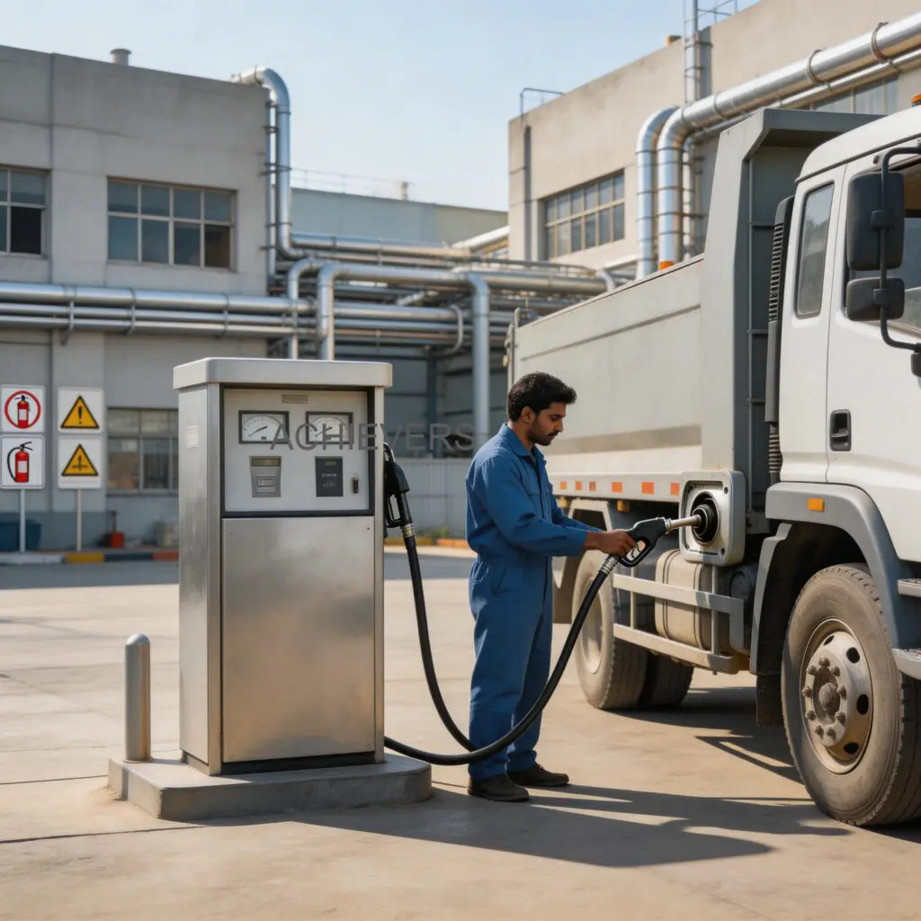 Diesel Dispenser in productive use demonstrating measurable financial output at Indian industrial site, mounted on a concrete island with safety bollards and grounding wires