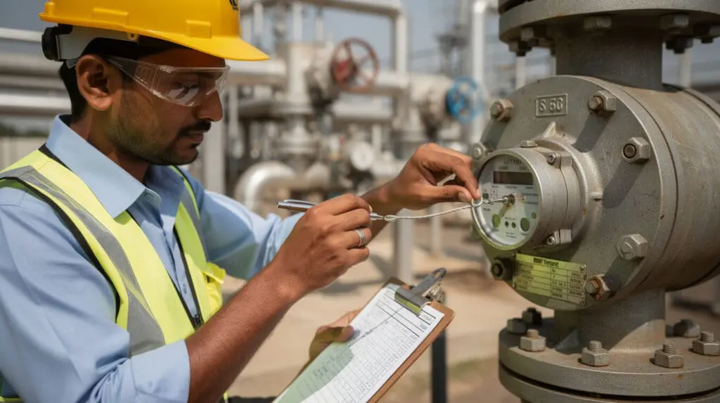 Engineer inspecting a Legal Metrology calibration seal on an industrial flow meter