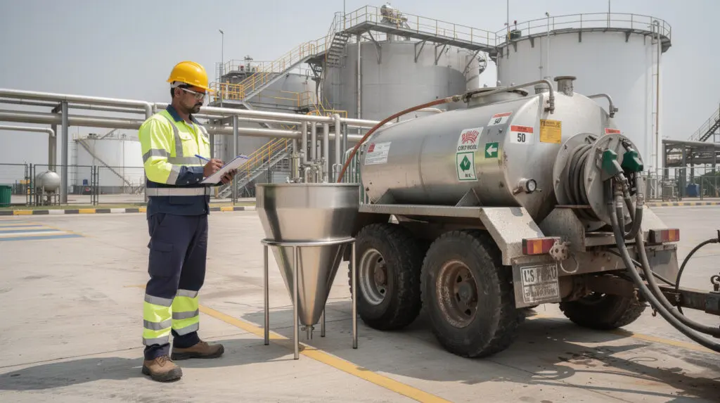 Engineer performing volumetric proving and calibration on a mobile fuel dispenser