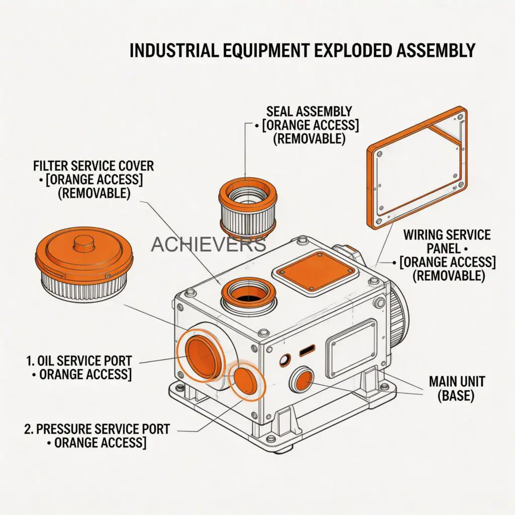 Exploded technical diagram of industrial dispenser showing fluid path from suction inlet, through pump and meter, to the delivery hose, highlighting filter and calibration access points
