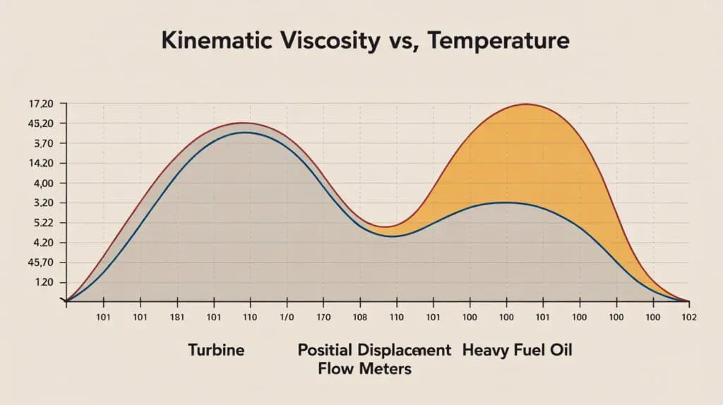 Graph showing fuel viscosity vs temperature for flow meter selection