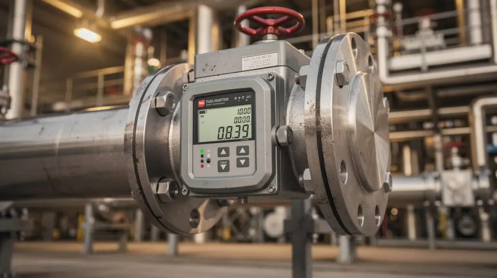 Industrial fuel flow meter installed on a plant pipeline
