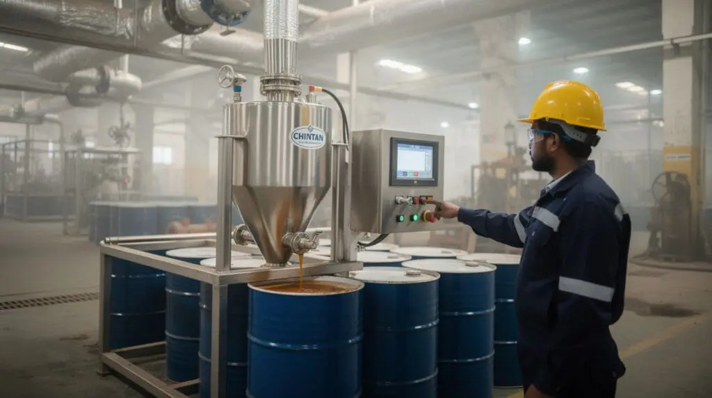 Industrial liquid batching system filling lube oil drums in an Indian factory