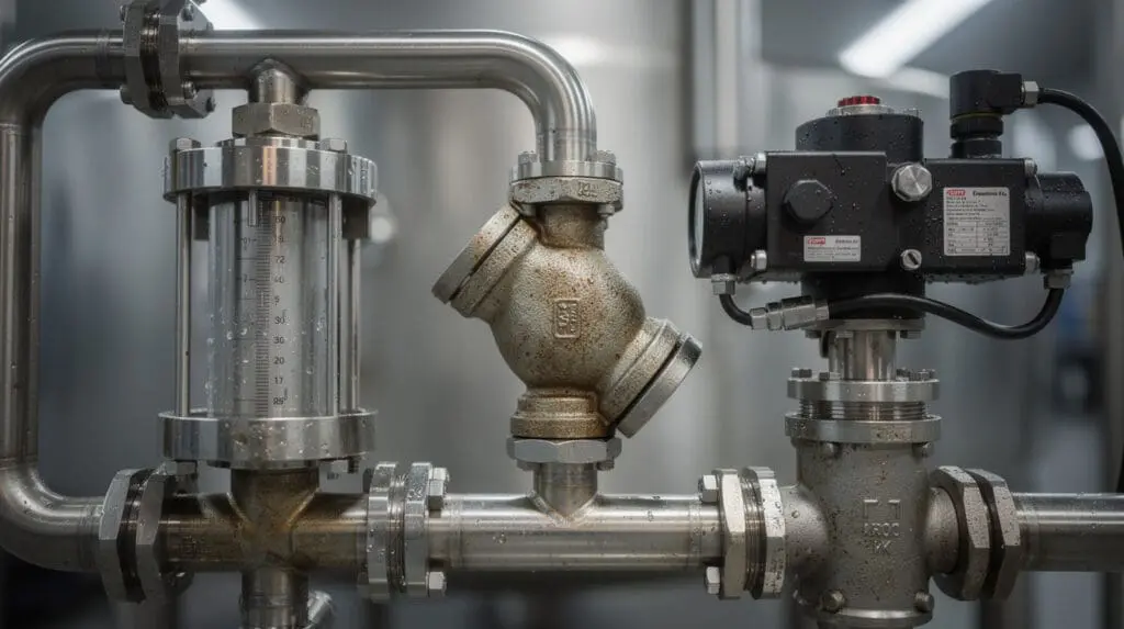 Internal mechanics of a heavy-duty preset dispenser showing positive displacement meter and pneumatic valves