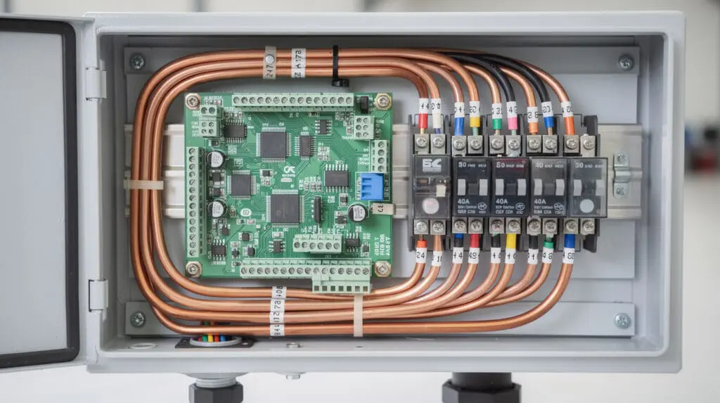 Internal wiring and CPU board of a mobile fuel dispenser showing heavy duty relays