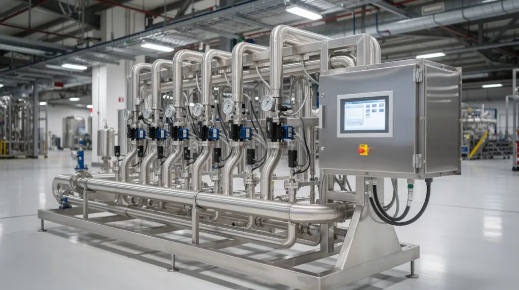 Multi-stream liquid batching skid installed in an industrial plant