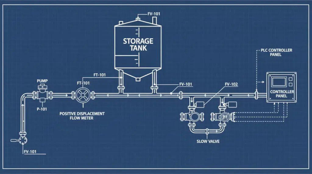 P&ID schematic of a dual stage liquid batching system showing fast and slow valve configuration