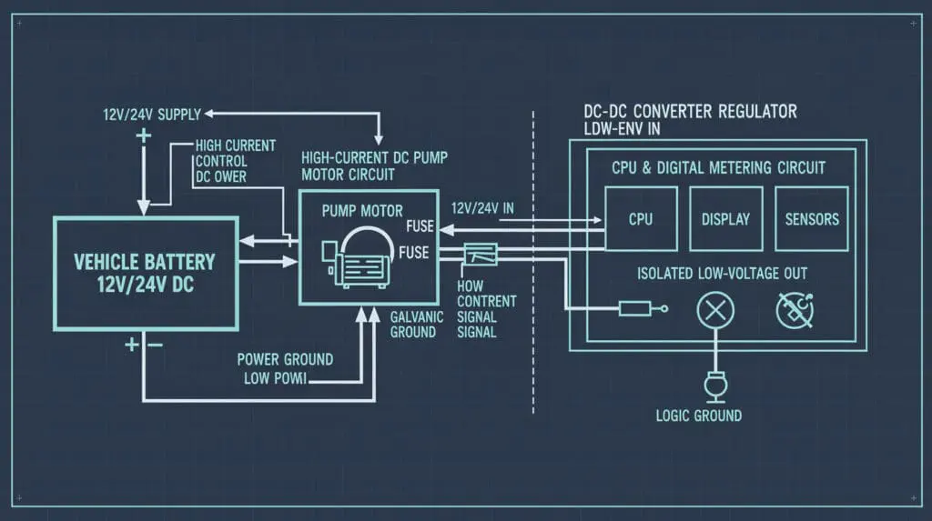 Schematic diagram of 12V/24V DC power isolation in a mobile fuel dispenser protecting the CPU.