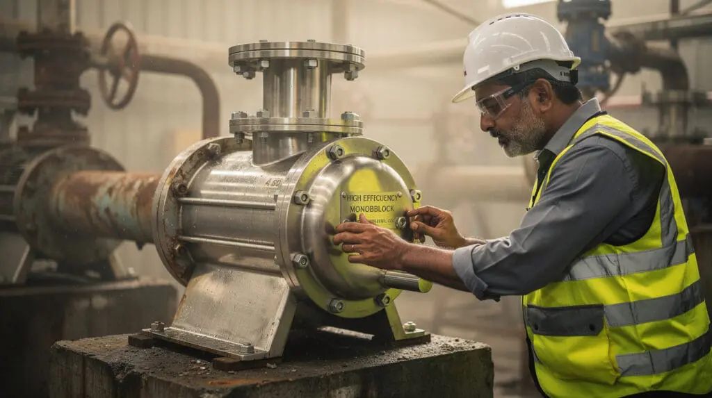 Senior engineer inspecting a stainless steel industrial pump in a factory