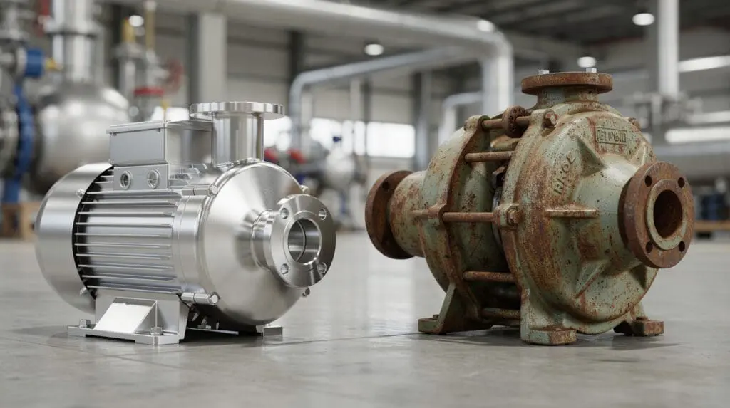 Side by side comparison of a stainless steel pump and a cast iron pump in an industrial setting