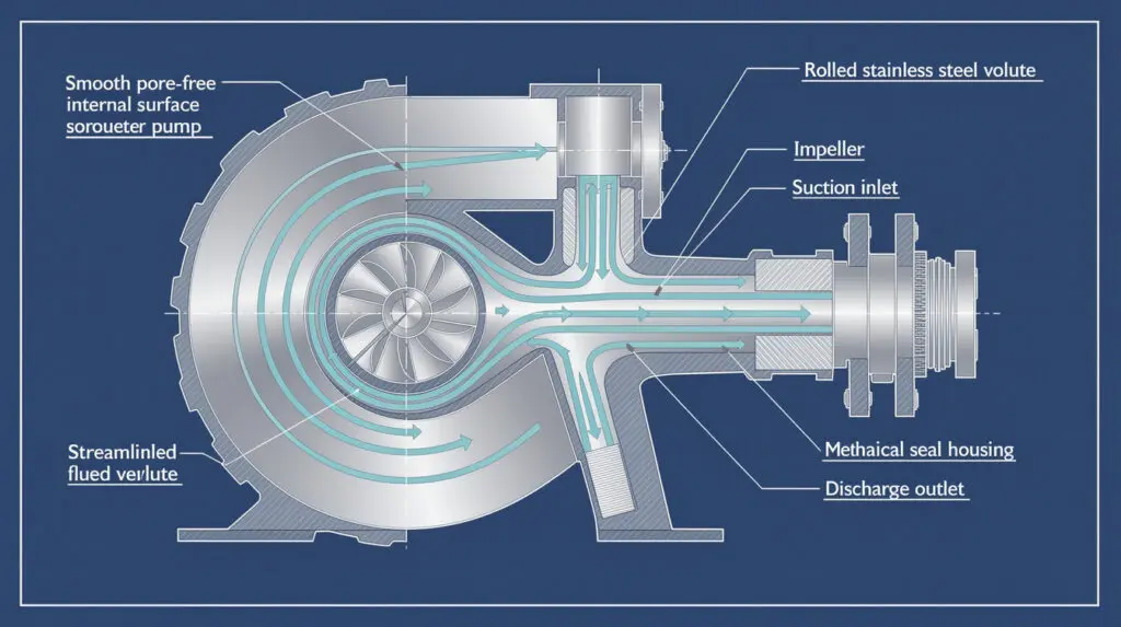Technical cross-section diagram of an SS monoblock pump highlighting smooth pore-free volute and mechanical seal