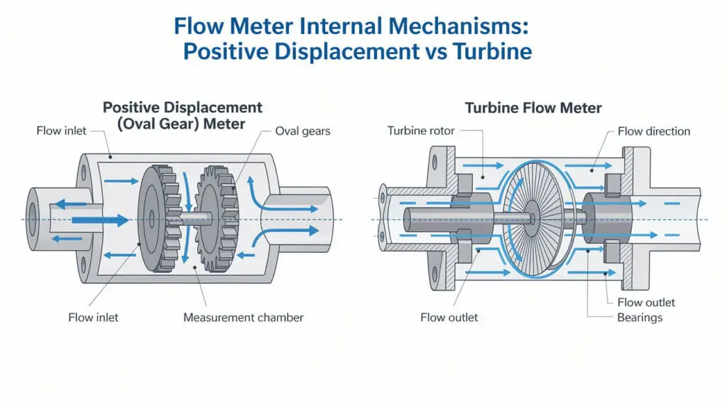 Technical diagram comparing positive displacement and turbine flow meter mechanisms