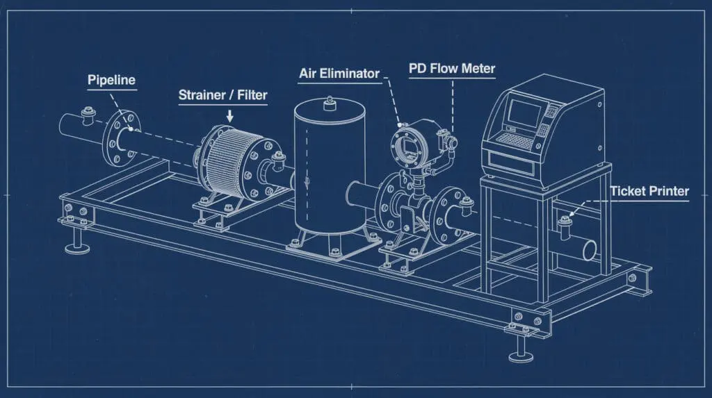 Technical schematic of an OIML compliant custody transfer measurement skid