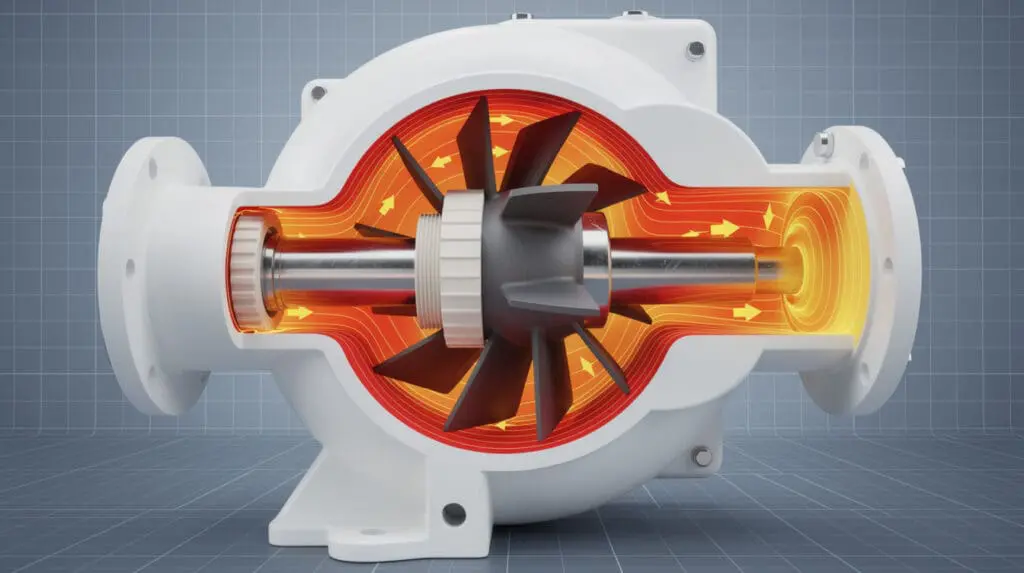 3D cross-section diagram showing thermal expansion and heat stress in a polypropylene pump casing