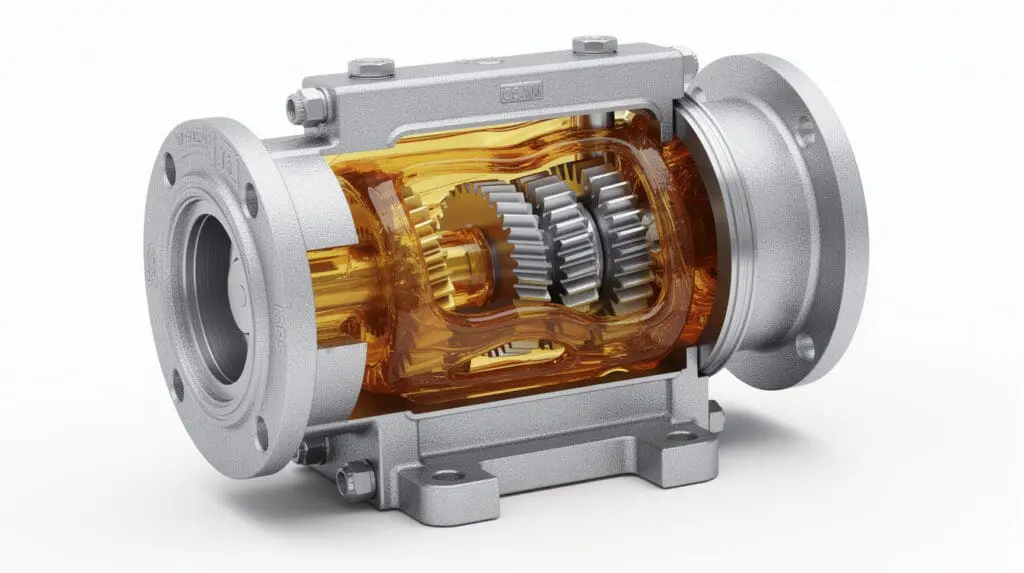 3D cutaway showing the internal oval gears of a positive displacement fuel flow meter