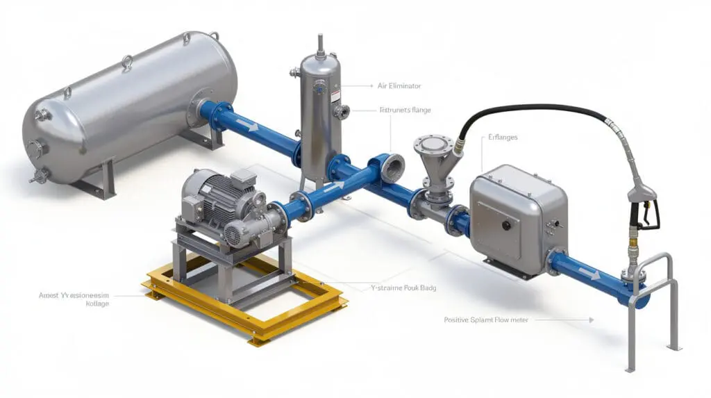 3D diagram showing correct installation sequence for a diesel flow meter with strainer and air eliminator