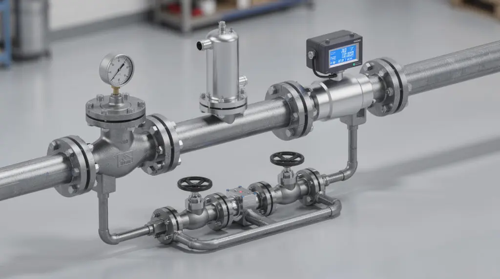 3D isometric piping diagram for oil flow meter installation with bypass manifold and strainer