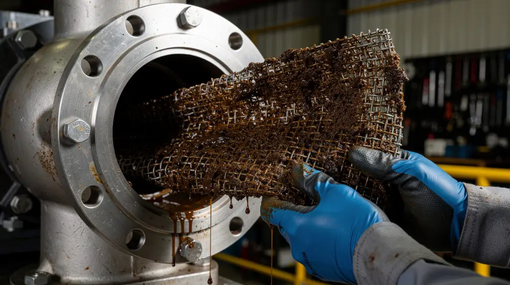 Blocked suction strainer mesh removed from a diesel dispenser pump