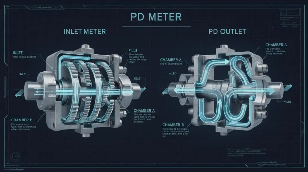 Blueprint diagram of a Positive Displacement meter internal mechanics for mobile fuel dispensers