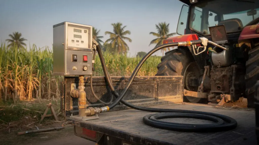 CE-117 digital fuel dispenser mounted on a pickup truck refueling a tractor in a field