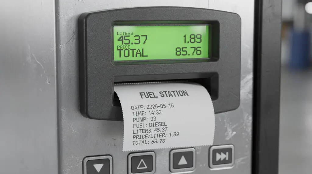Close-up of a mobile fuel dispenser digital display and printed transaction receipt