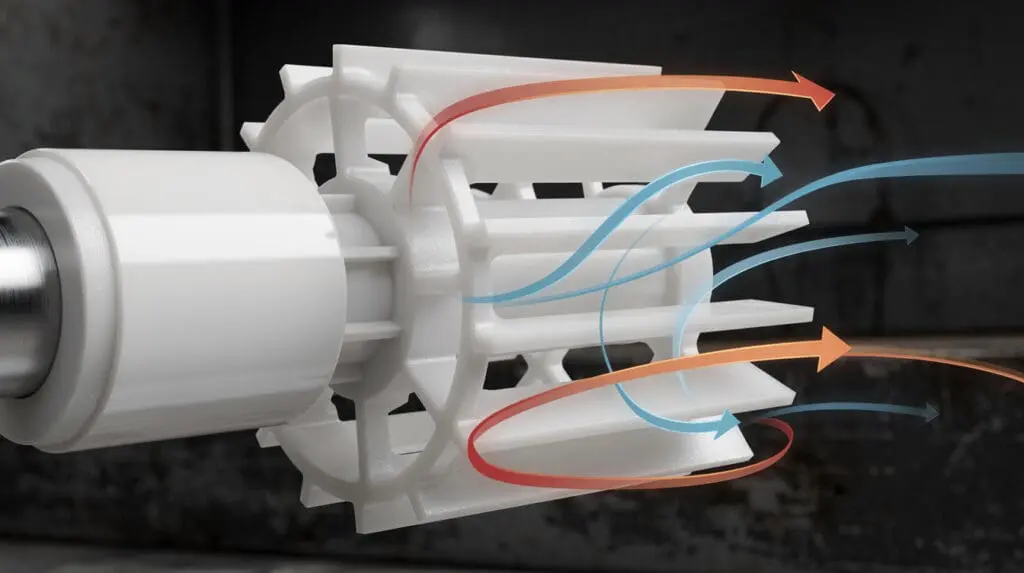 Close-up of a semi-open polypropylene pump impeller demonstrating fluid dynamics and solids handling capabilities.