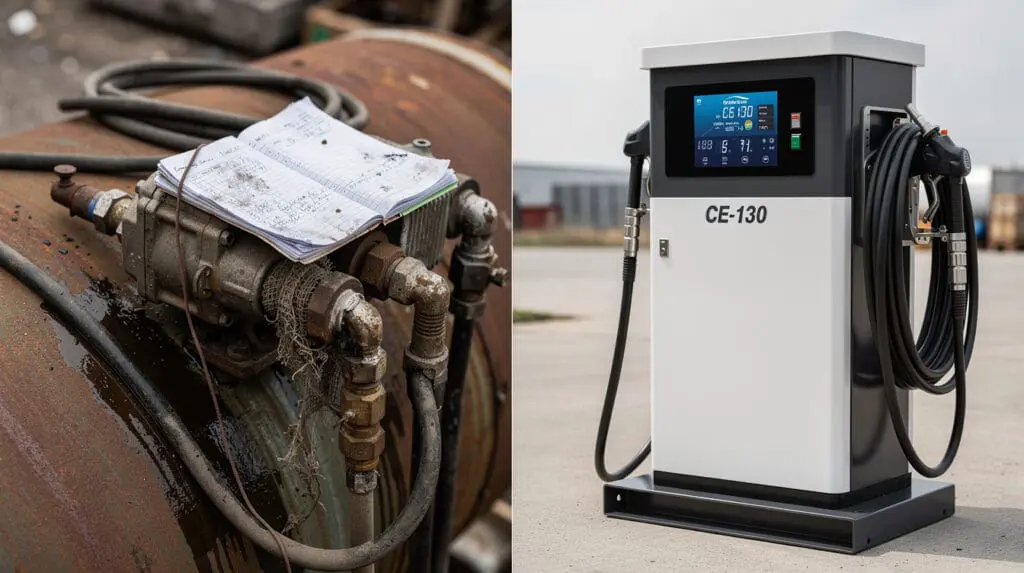 Comparison between old uncalibrated fuel pump and modern digital dispenser skid