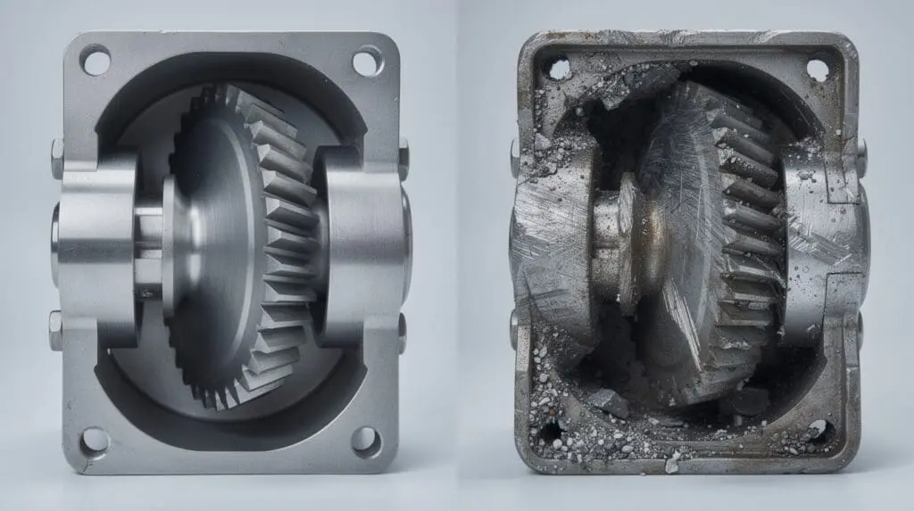 Comparison of a clean positive displacement meter vs one requiring mechanical repair due to scoring