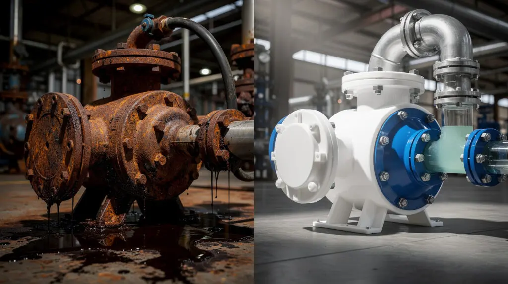 Comparison of a corroded cast iron pump and a durable corrosion resistant PP pump