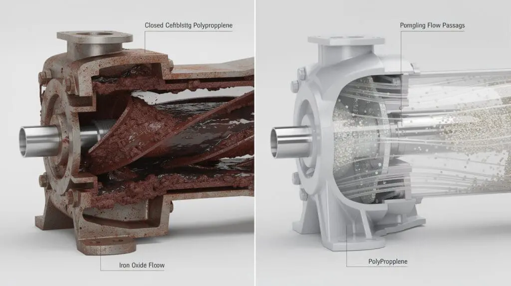 Comparison of closed impeller vs semi-open impeller for handling iron scale in acid pumps