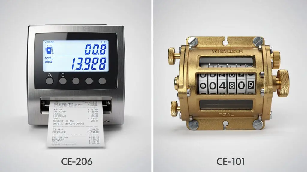 Comparison of digital fuel dispenser LCD interface and mechanical brass totalizer