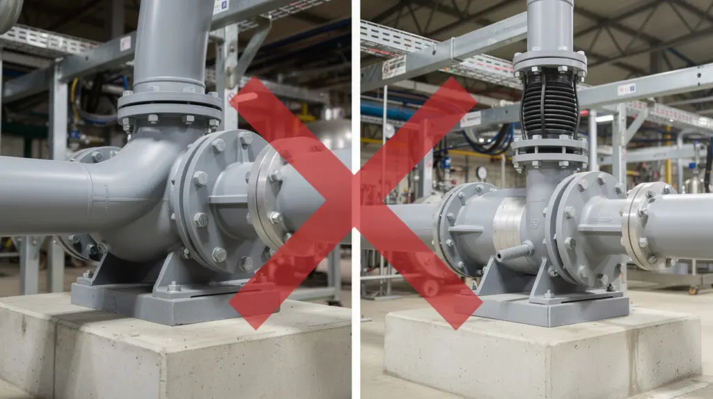 Comparison of incorrect pipe strain installation versus proper aligned piping on a chemical pump